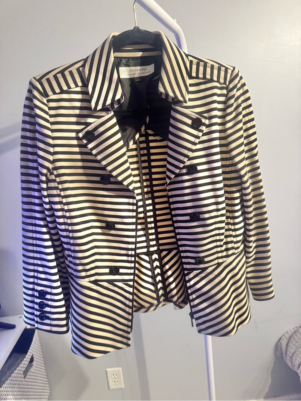 Tahari Blsck and White Striped Double-Breasted Women's Jacket